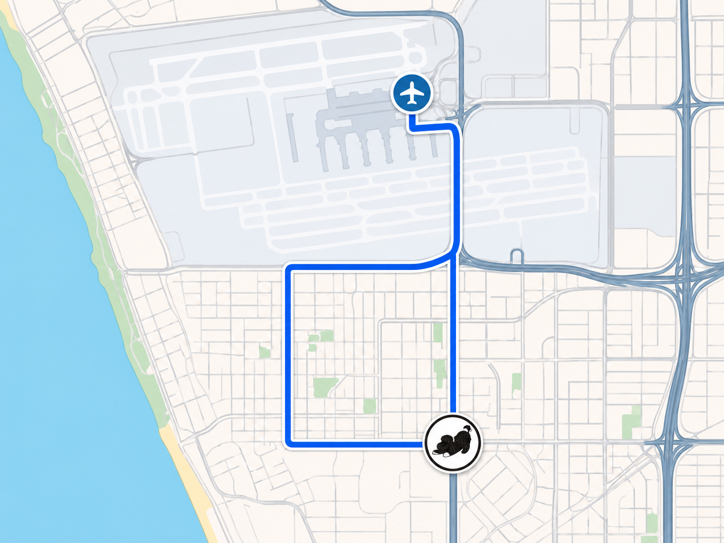 LAX Airport Map Showing Down Dog Lodges' Dog Boarding near LAX Airport